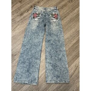 Telepatia Acid Wash Wide‎ Leg Jeans Skull Floral Embroidery Rhinestone Size 3/26